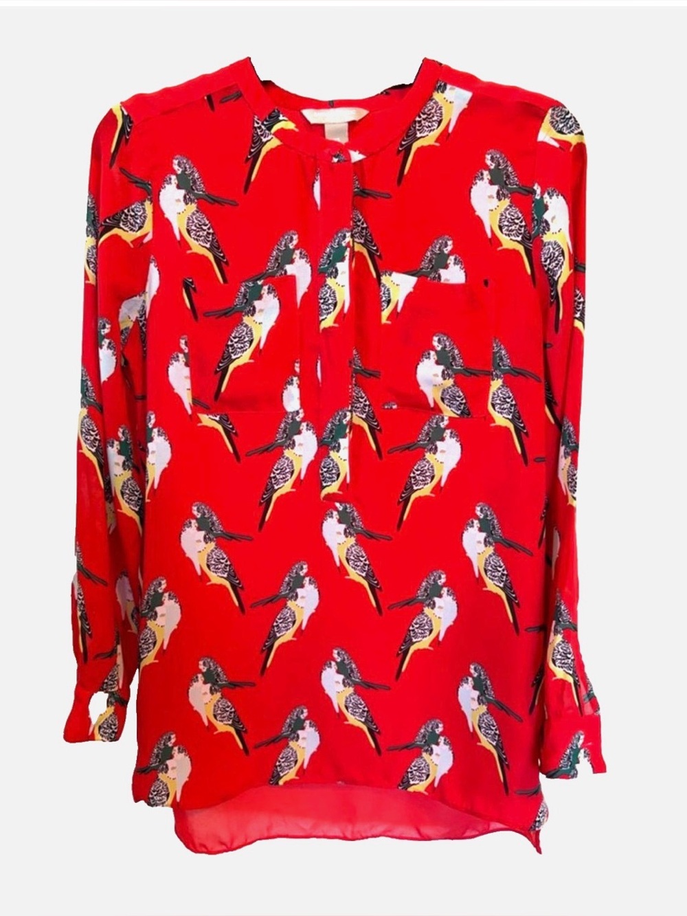 Banana Republic XS Red Parakeet Bird Print Popover Blouse Long Sleeve